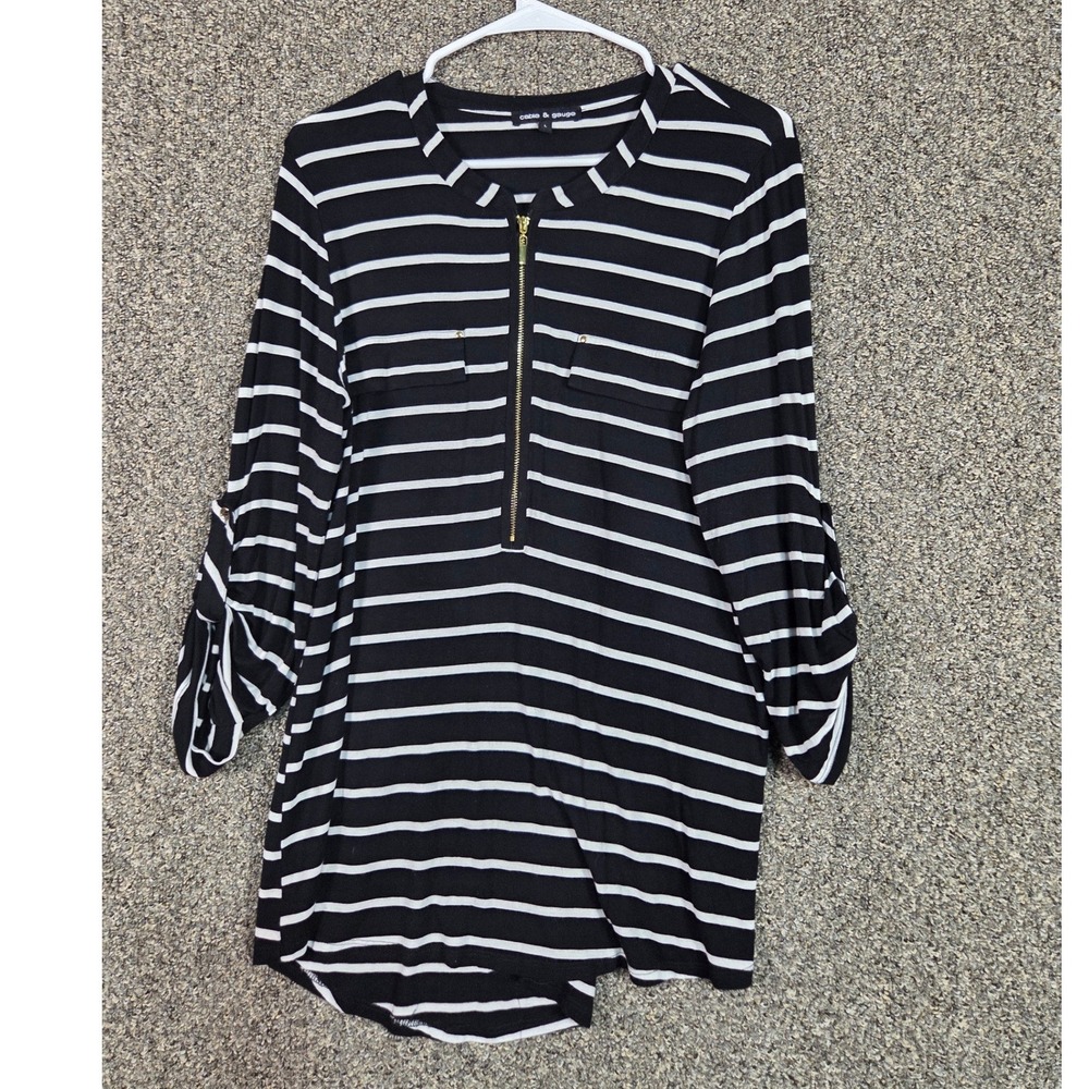 Cable & Gauge Tunic Top Women Large Black White Striped Zip‎ Roll Tab TK30813